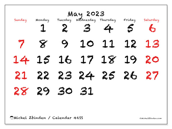 Calendar May 2023, 46SS. Free printable plan.