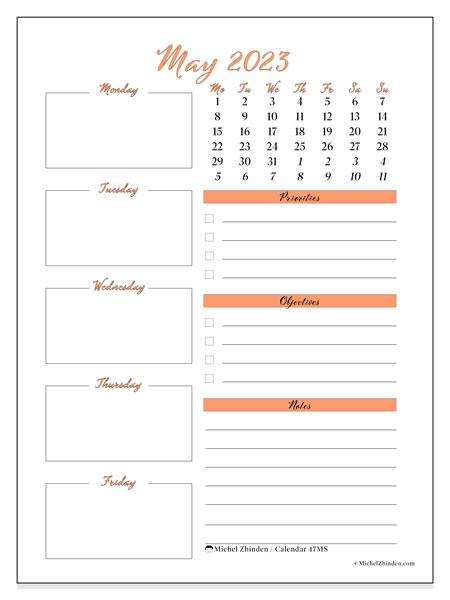 Printable May 2023 calendar. Monthly calendar “47MS” and timetable to print free