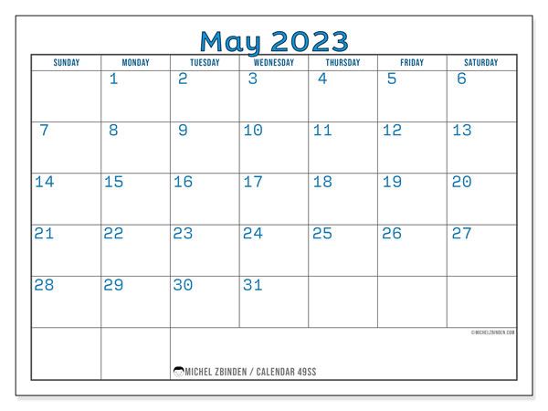 Printable calendar, May 2023, 49SS