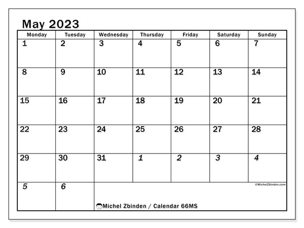 Printable calendar, May 2023, 501MS