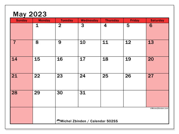 Calendar May 2023, 502SS. Free printable plan.