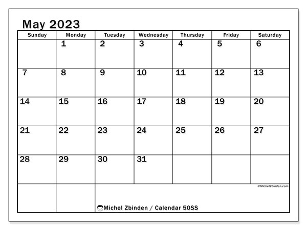 Calendar May 2023, 50SS. Free printable plan.