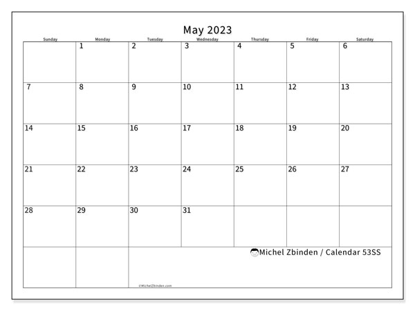 Printable calendar, May 2023, 53SS