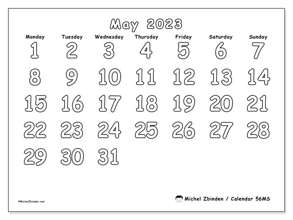 56MS calendar, May 2023, for printing, free. Free printable planner