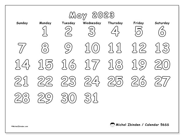 Printable calendar, May 2023, 56SS