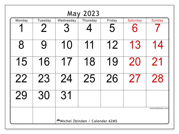 Calendar May 2023, 62MS. Free printable plan.