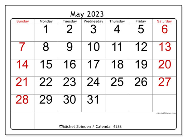 Printable May 2023 calendar. Monthly calendar “62SS” and timetable to print free