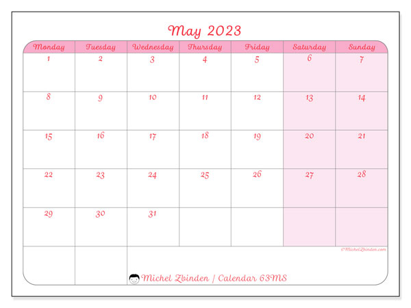 Calendar May 2023, 63MS. Free printable schedule.