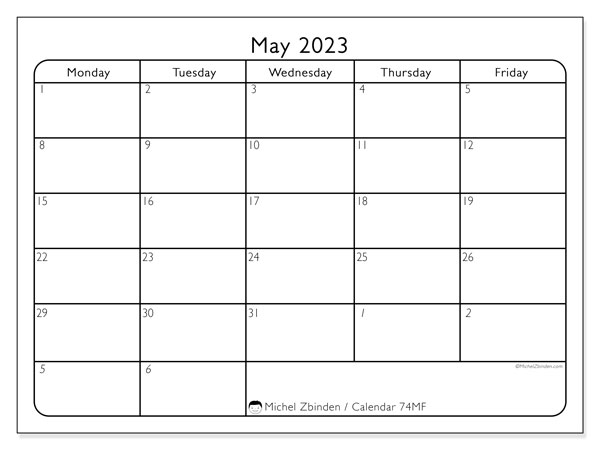 Printable calendar, May 2023, 74SS