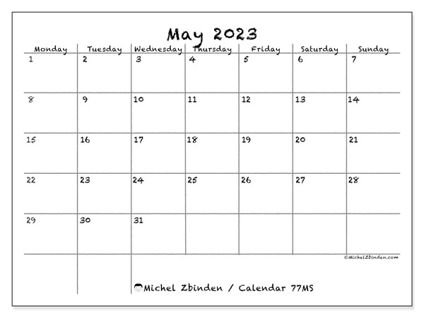 77MS calendar, May 2023, for printing, free. Free plan to print