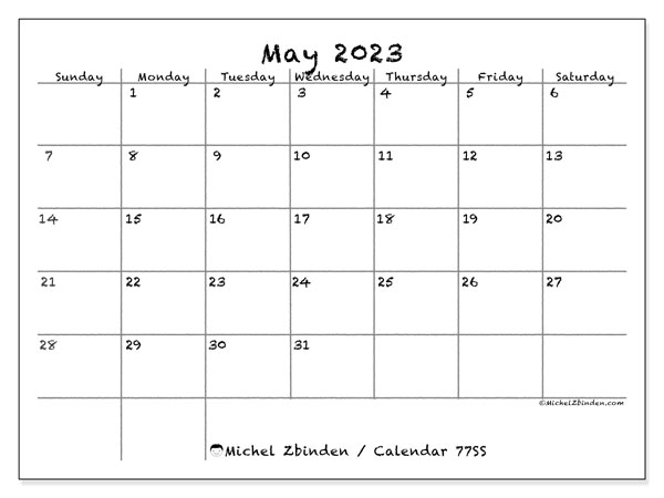 Printable calendar, May 2023, 77SS