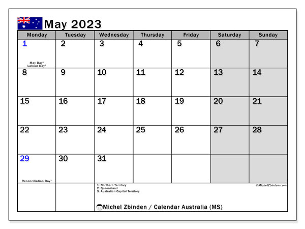 Kalender maj 2023, Australien (EN). Gratis karta som kan skrivas ut.