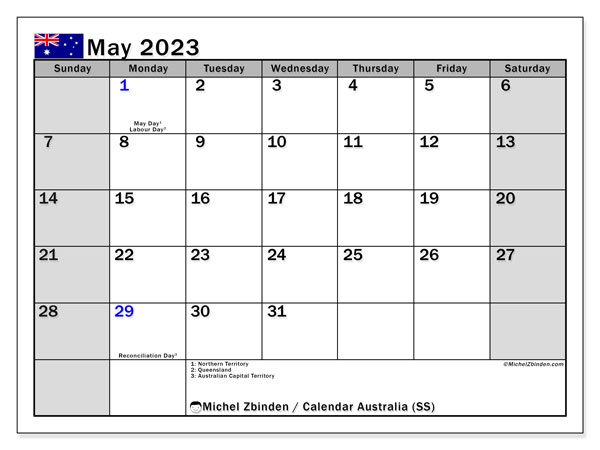 Printable calendar, May 2023, Australia (SS)