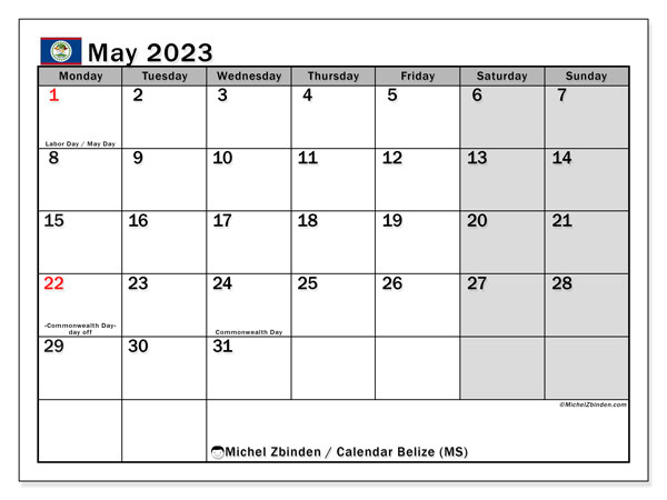 Kalender maj 2023, Belize (EN). Gratis karta som kan skrivas ut.