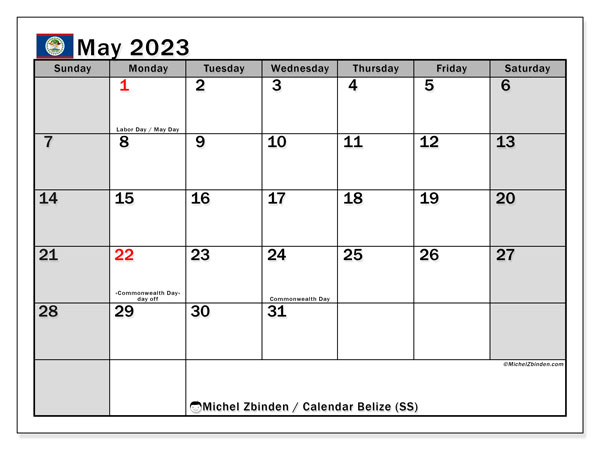 Printable calendar, May 2023, Belize (SS)