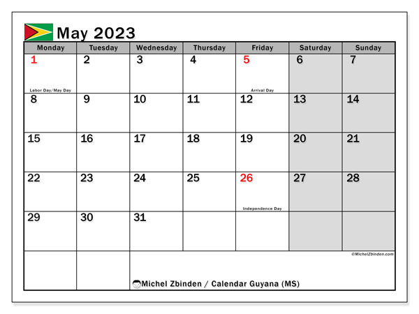 “Guyana (MS)” printable calendar, with public holidays. Monthly calendar May 2023 and free agenda to print.