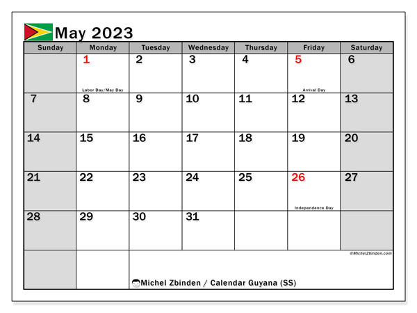 Printable calendar, May 2023, Guyana (SS)
