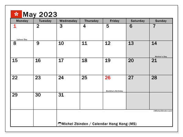Kalender maj 2023, Hong Kong (EN). Gratis karta som kan skrivas ut.