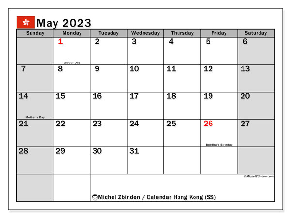 Printable calendar, May 2023, Hong Kong (SS)