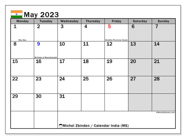 Printable calendar, May 2023, India (MS)