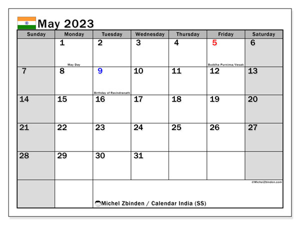 Printable calendar, May 2023, India (SS)