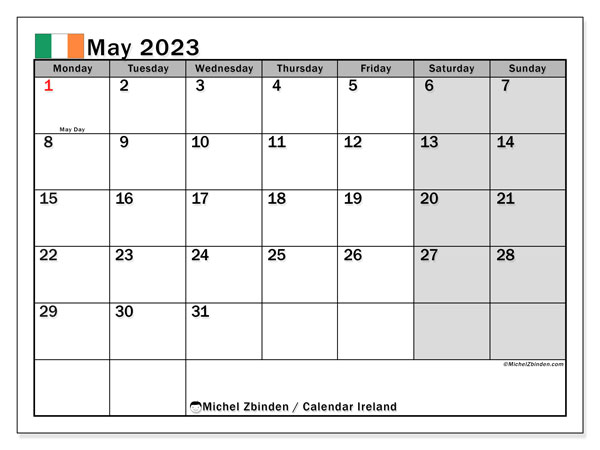 Calendrier mai 2023, Irlande (EN), prêt à imprimer et gratuit.