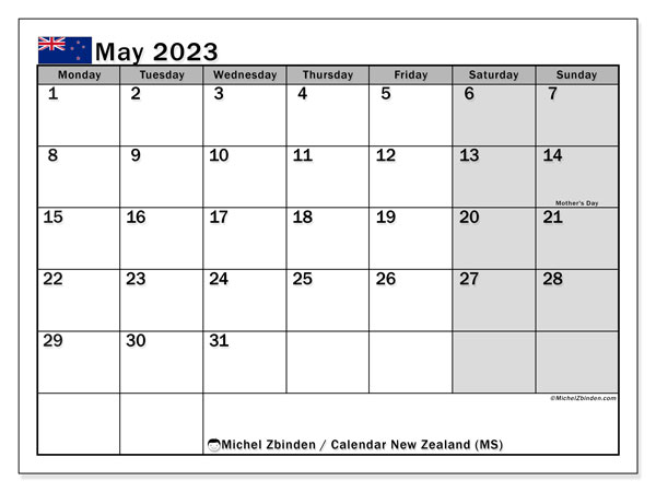 Printable calendar, May 2023, New Zealand (MS)