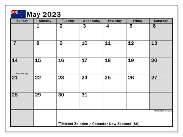 Printable calendar, May 2023, New Zealand (SS)
