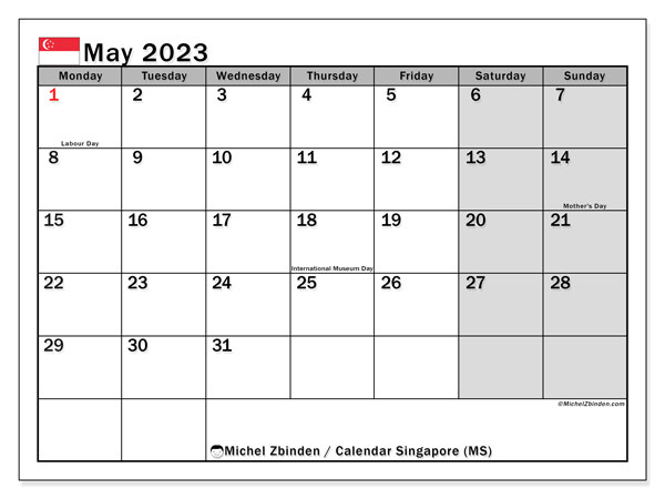 “Singapore (MS)” printable calendar, with public holidays. Monthly calendar May 2023 and free bullet journal to print.