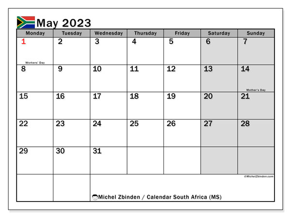 “South Africa (MS)” printable calendar, with public holidays. Monthly calendar May 2023 and free printable planner.