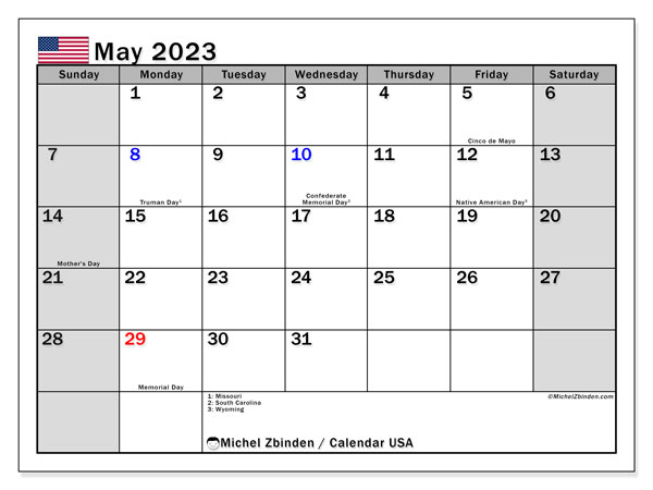 Kalender maj 2023, USA (EN). Gratis karta som kan skrivas ut.