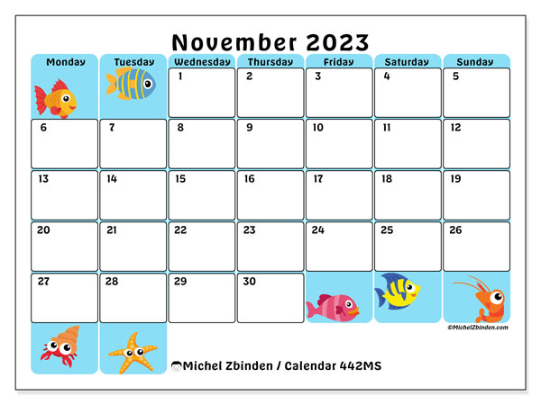 Calendar November 2023, 442MS, ready to print and free.