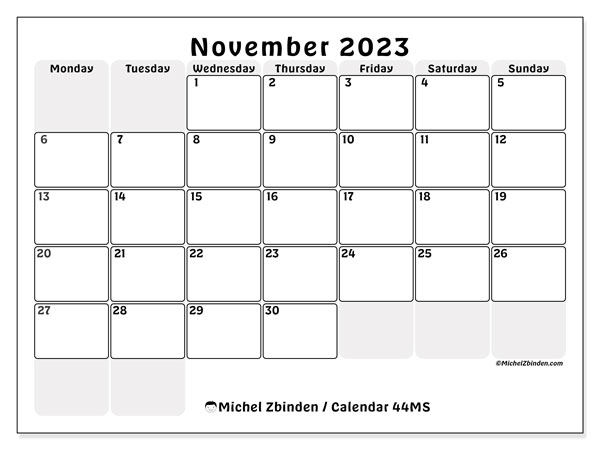 Calendar November 2023 “44”. Free printable program.. Monday to Sunday