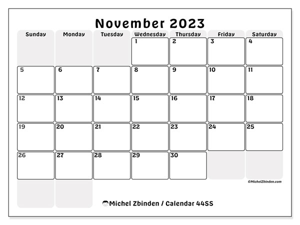 Printable November 2023 calendar. Monthly calendar “44SS” and agenda to print free