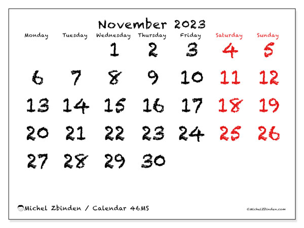 Calendar November 2023, 46MS. Free printable calendar.
