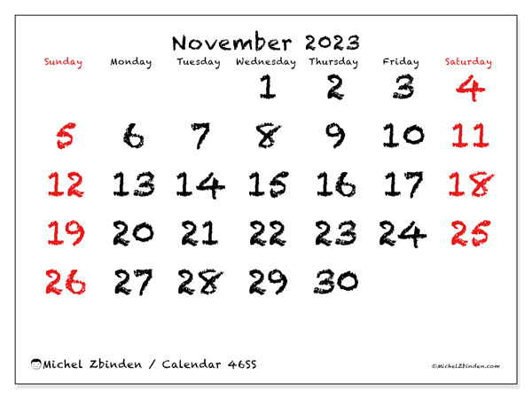 Calendar November 2023, 46SS. Free printable program.