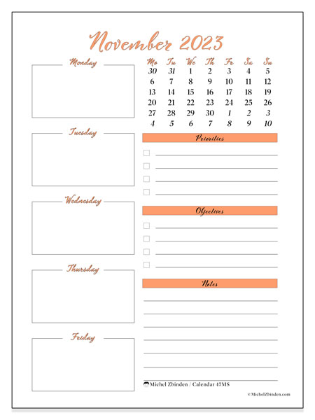 Calendar November 2023 “47”. Free printable plan.. Monday to Sunday