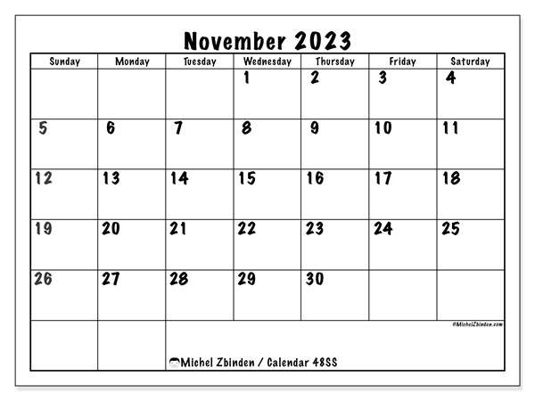 Printable November 2023 calendar. Monthly calendar “48SS” and agenda to print free