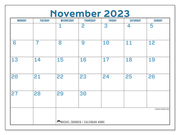 Printable calendar, November 2023, 49MS