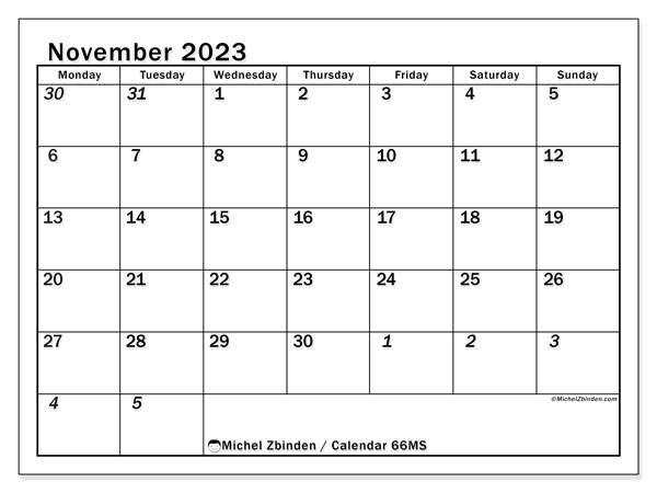 Calendar November 2023 “501”. Free printable program.. Monday to Sunday