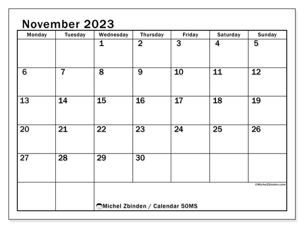 Calendar November 2023 “50”. Free printable plan.. Monday to Sunday