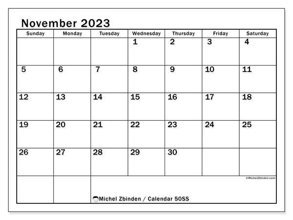 Calendar November 2023 “50”. Free printable plan.. Sunday to Saturday