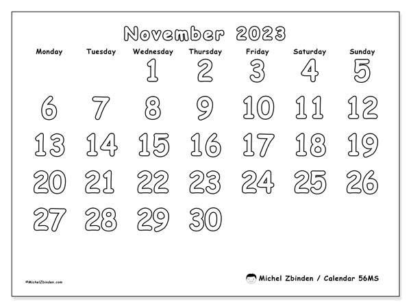 Calendar November 2023 “56”. Free printable program.. Monday to Sunday