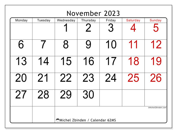 Calendar November 2023 “62”. Free printable program.. Monday to Sunday