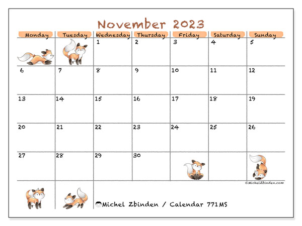 Calendar November 2023, 771MS. Free printable calendar.