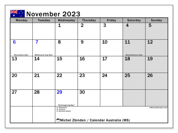 Kalenteri marraskuu 2023, Australia (EN). Ilmainen tulostettava kalenteri.