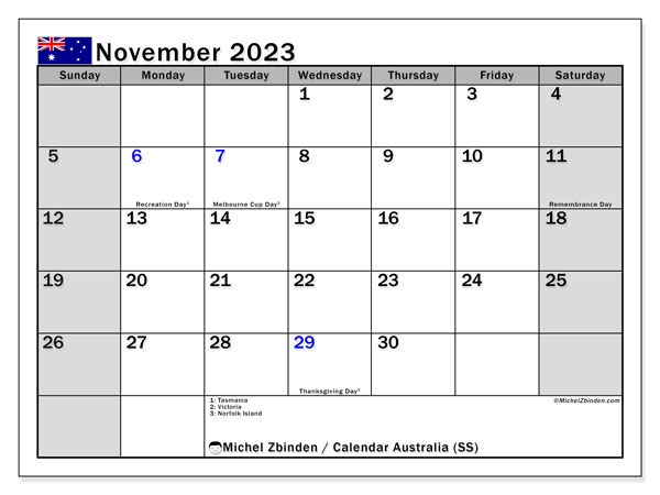 Printable calendar, November 2023, Australia (SS)