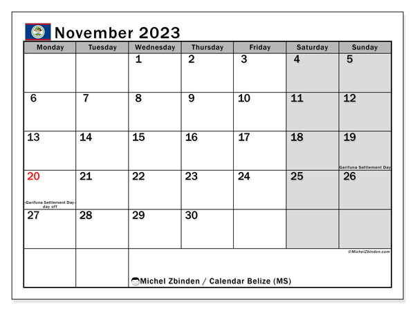 Calendario noviembre 2023, Belice (EN). Programa para imprimir gratis.