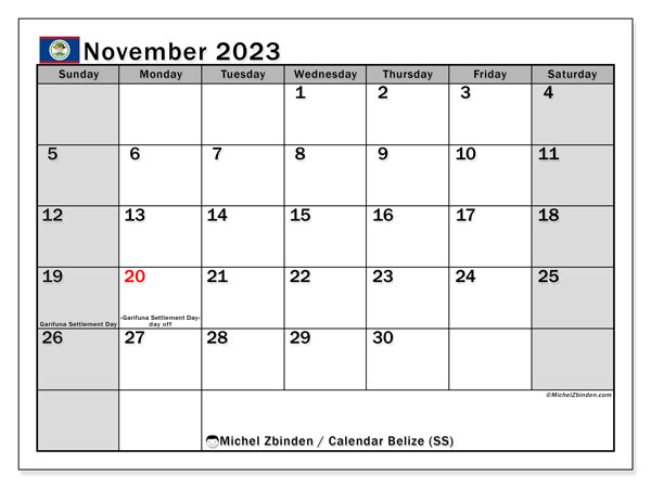 Printable calendar, November 2023, Belize (SS)