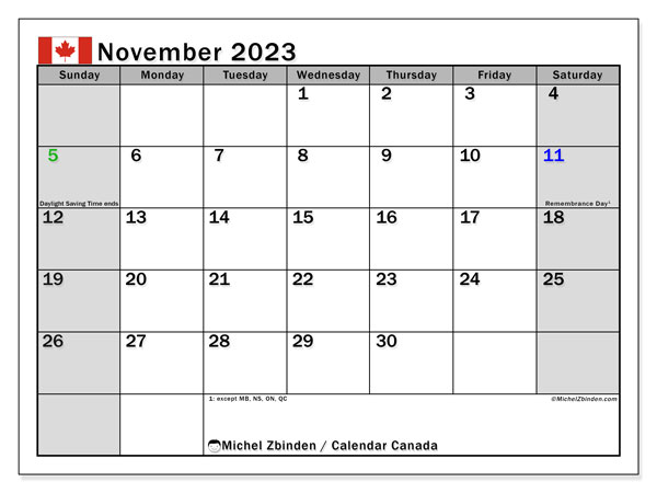 Calendar November 2023 “Canada”. Free printable plan.. Sunday to Saturday